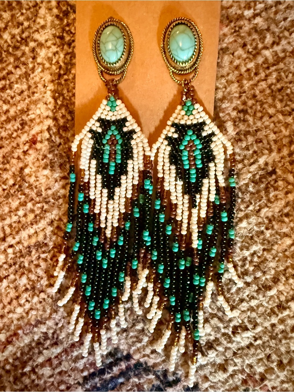 Turquoise and Ivory Beaded Fringe Earrings - Women Jewelry